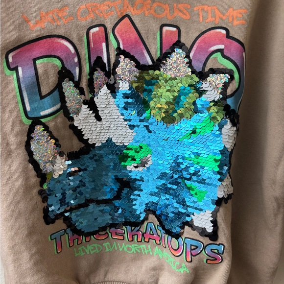 H&M Tan Dino Flip Sequins Graphic Hoodie Sweatshirt - Picture 3 of 9